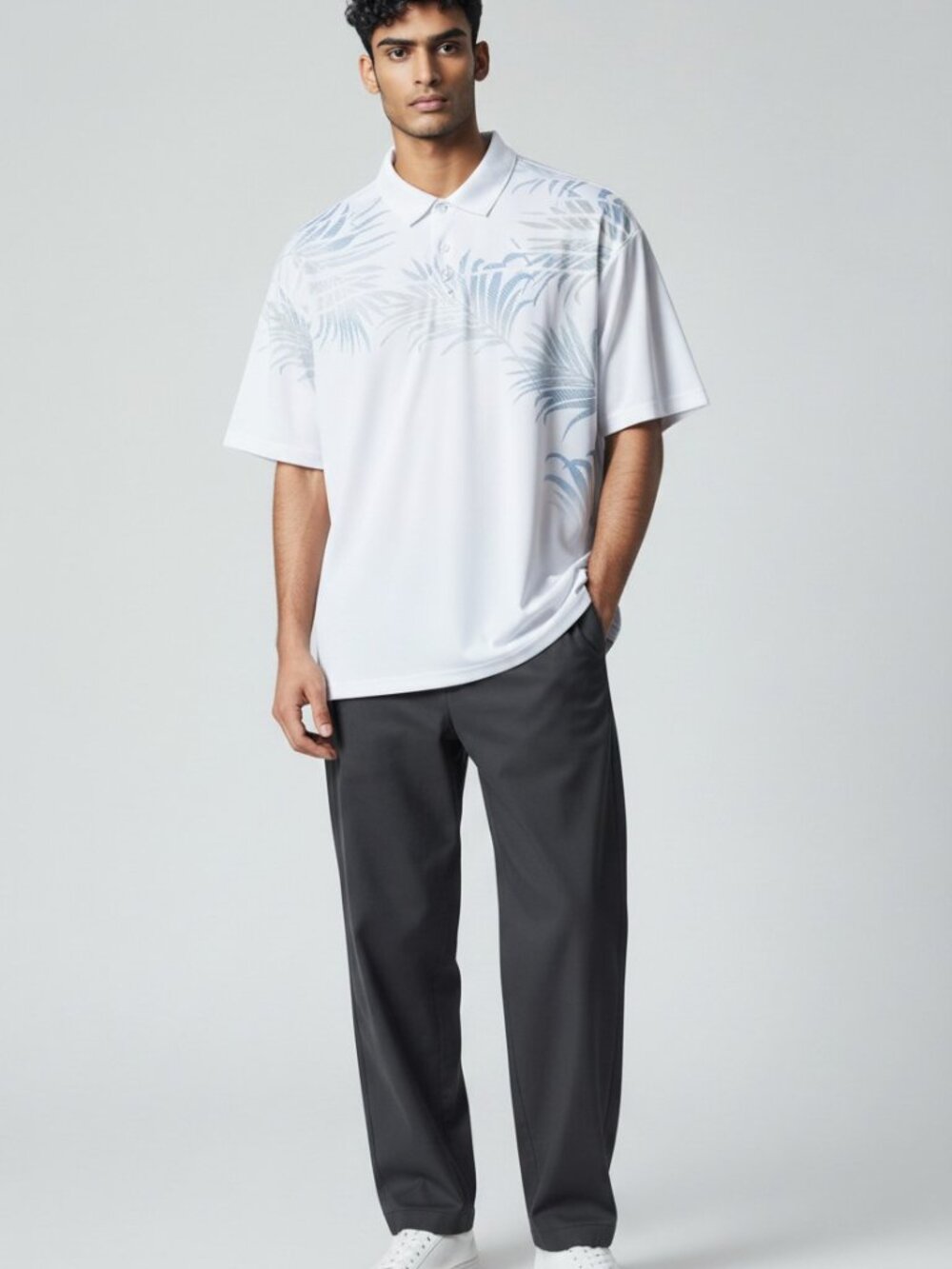 PGA Tour White Polo with Light Blue Palm Motif